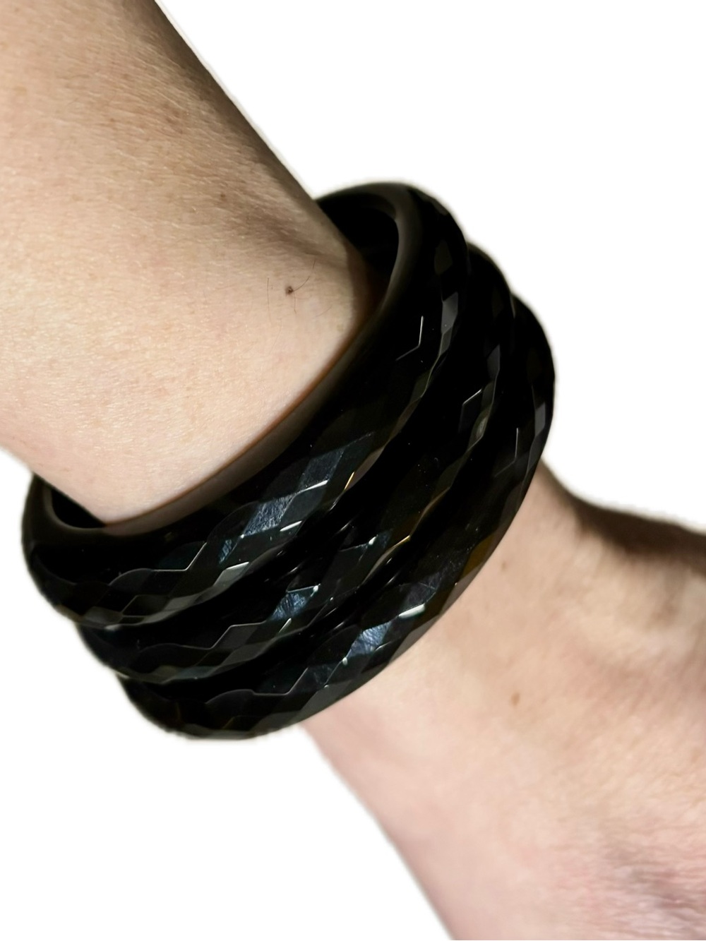 Vintage Black Faceted Glass Bangle Bracelets Set of 3 Stackable